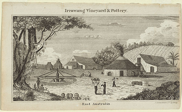 Irrawang Vineyard and Pottery, with Aboriginal family in foreground, 1832 NGA